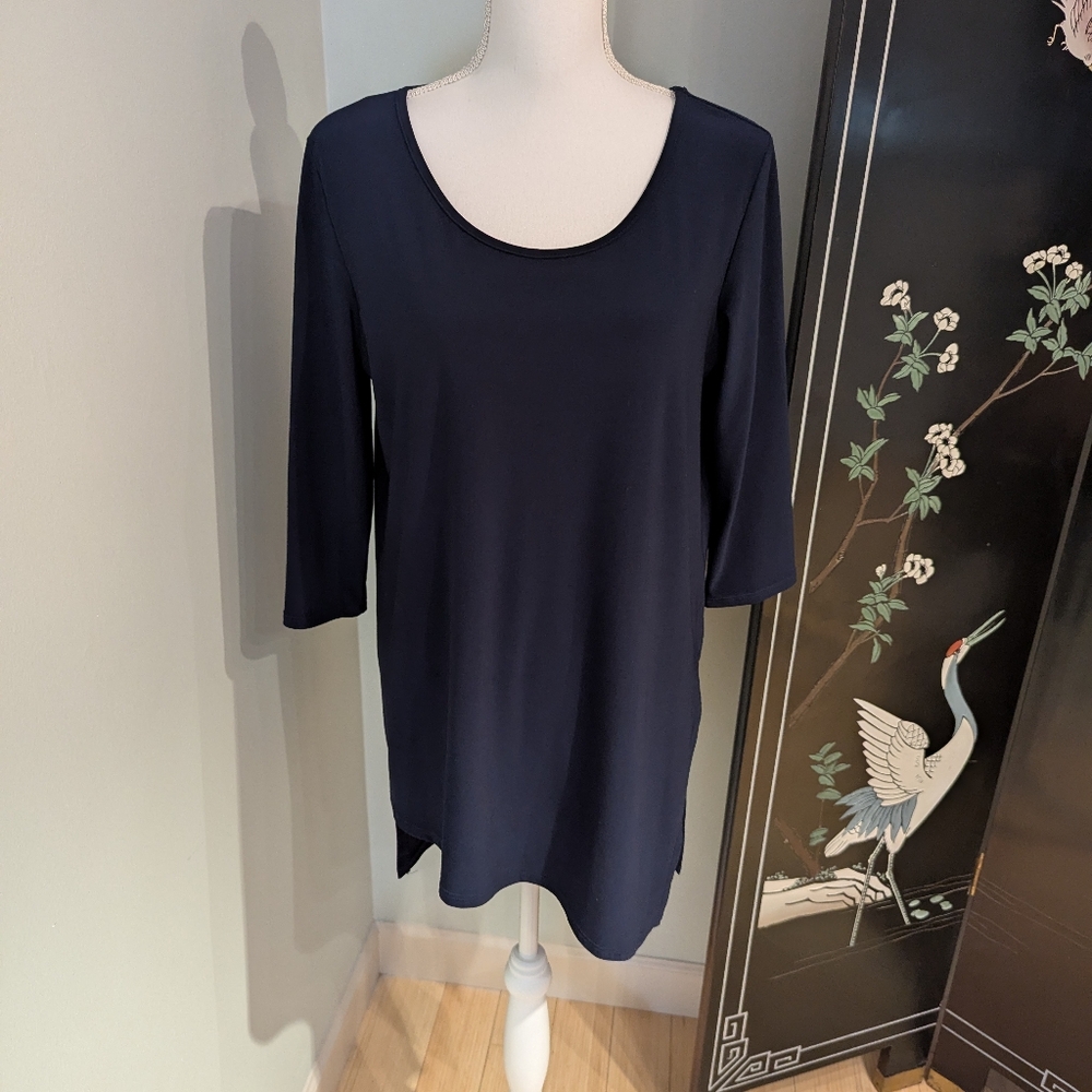 Clara Sun Woo Women's Medium Tunic Blouse Navy Blue 3/4 Sleeve Keyhole Back 93